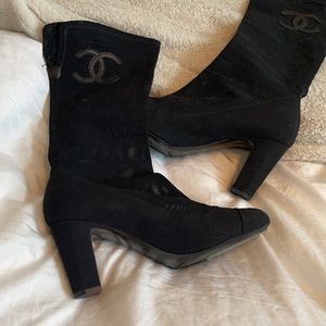 Authentic Black Chanel logo heeled boots